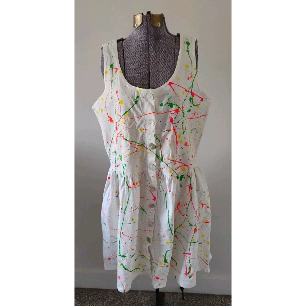 Vtg 80s Neon Splatter Paint T Shirt Dress Womens Sleeveless Rad New Wave Read! M